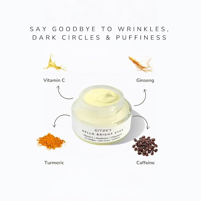 Emani Hello Bright Eyes - Vitamin C Super Eye Cream - Caffeine and Turmeric, Anti-Aging Eye Cream for Dark Circles, Puffiness, Wrinkles, Firming, Hydrating & Smoothing - Reduce Fine Lines 1 oz 30ml