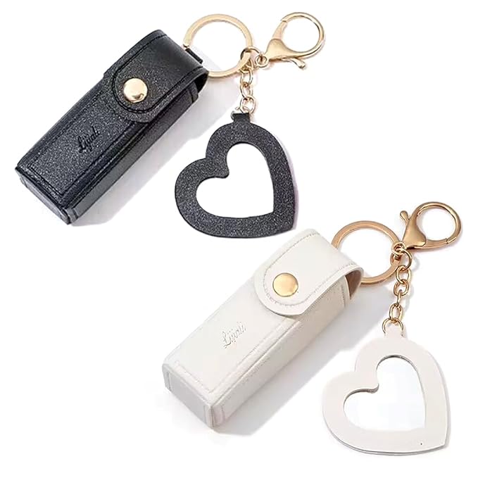 2 pcs Lipstick Cases Keychain Chapstick Case Holder Lip Balm Sleeves Pouch with Mirror Heart Shaped, Portable Leather Lip Gloss Mini Bags Stocking Stuffers (black+white)