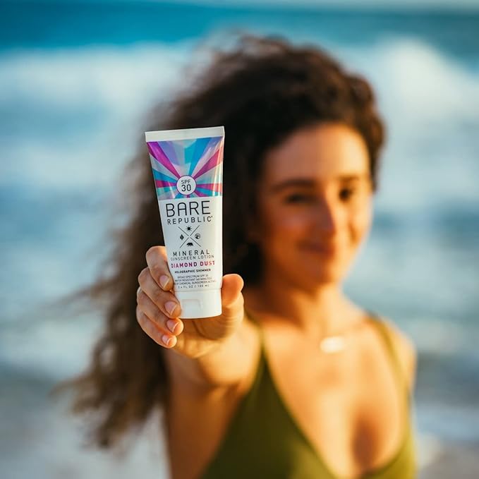 Bare Republic Diamond Dust Shimmer Mineral Sunscreen SPF 30 Sunblock Body Lotion, Free of Chemical Actives, 3.4 Fl Oz