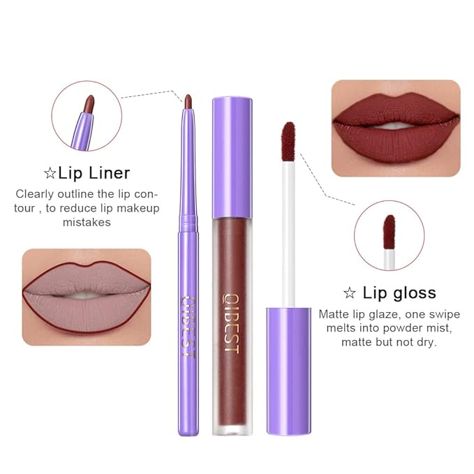 2 Pcs Halloween Dark Matte Liquid Lipstick + Lip Liner Pens Sets, 8 Colors High Pigmented Goth Sexy & Bold Lip Gloss, 24H Waterproof Long-lasting Matte Lipstick , Non-Stick Cup Velvety Lip Makeup for Women (01 Black)