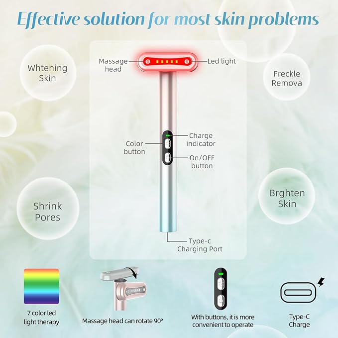 Led-Face-Wand,7 in 1 LED Light Therapy Facial Red & Blue Rejuvenation Tool