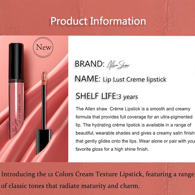 12 Color Cream Lip Gloss, Sexy Women Lipstick,