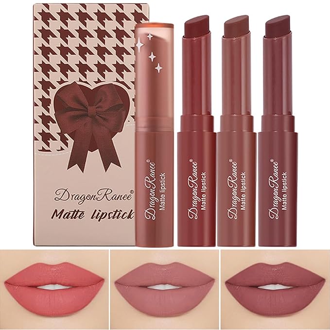 3 Colors Red Tube Lipstick, Cigarette Lipstick Set, Labiales Mate Velvet Lipstick Moisturizer & Smooth, Long Lasting 24 Hours Waterproof (Set C)