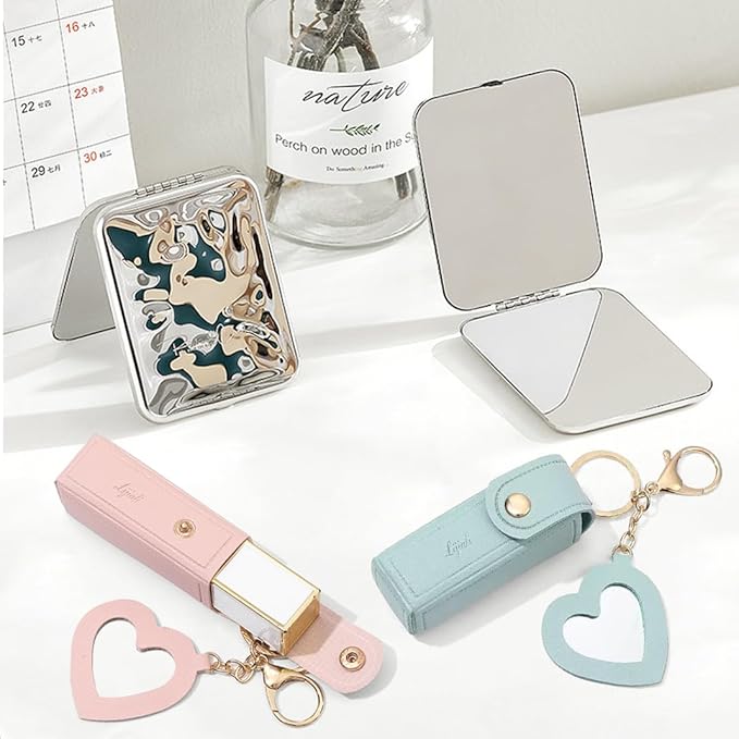 2 pcs Lipstick Cases Keychain Chapstick Case Holder Lip Balm Sleeves Pouch with Mirror Heart Shaped, Portable Leather Lip Gloss Mini Bags Stocking Stuffers (pink+turquoise)