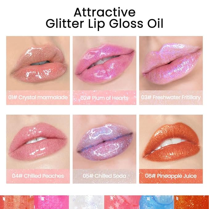 6 Pcs Hydrating Sparkly Lip Oil Lip Gloss,Moisturizing Hydrating