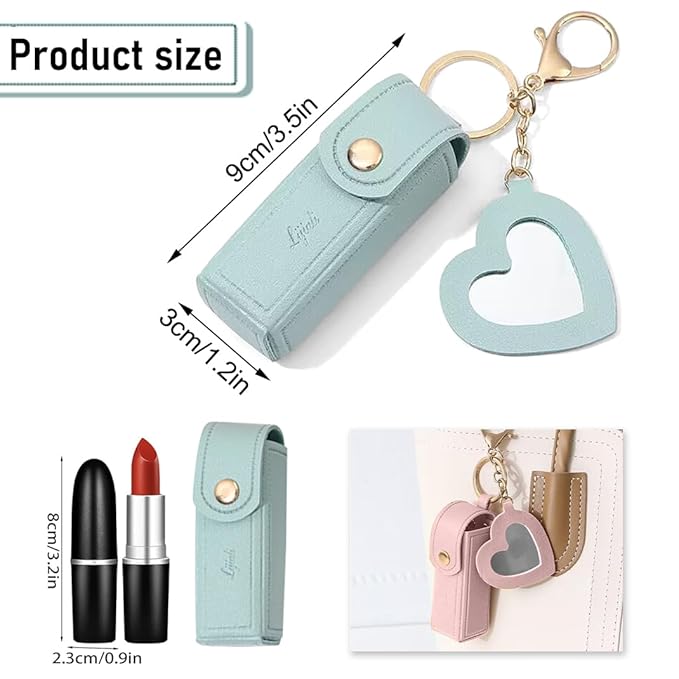 2 pcs Lipstick Cases Keychain Chapstick Case Holder Lip Balm Sleeves Pouch with Mirror Heart Shaped, Portable Leather Lip Gloss Mini Bags Stocking Stuffers (pink+turquoise)