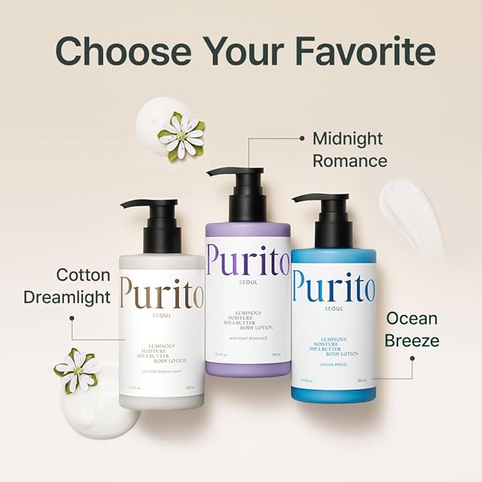 PURITO Luminous Moisture Shea Butter Body Lotion, Shea Butter, Gentle on Skin, Moisturizing, Dry Skin, Pump Bottle, K-Beauty, 300ml / 10.14 fl. oz. (Ocean Breeze, 10.14 fl. oz.)