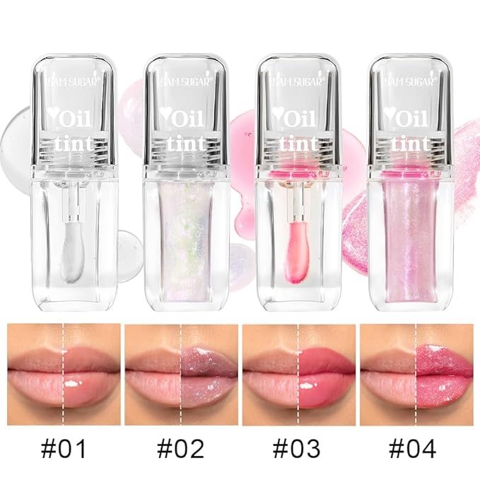 2 Pcs Magic Color Changing Lip Oil, Long Lasting Glitter Shimmer Lip Gloss with Big Brush, Non-sticky and Fresh Texture Lip Glow Oil, Moisturizing Lip Care Makeup (Clear, 01# + 03#)