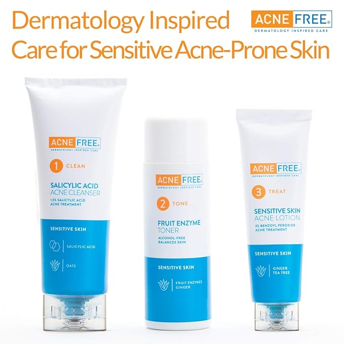 Acne Free 3-Step Acne Treatment Kit with Salicylic Acid Face Wash, Alcohol-Free Toner, & Benzoyl Peroxide Lotion for Sensitive Skin and Fighting Breakouts, 24 Hour Face Clearing System