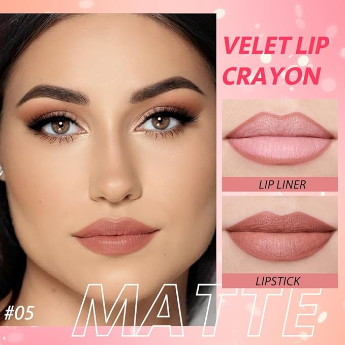 Matt Nude Lipstick Lipliner Lip Crayons Pack Set,Velvet Moisture Smooth Matte Lipstick Pencils,Waterproof&Waterlasting, (05, Pack of 1)