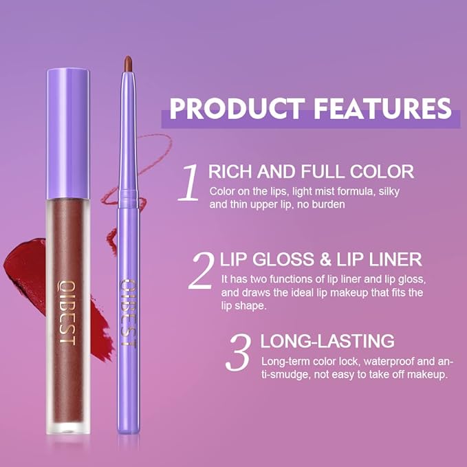 2 Pcs Halloween Dark Matte Liquid Lipstick + Lip Liner Pens Sets, 8 Colors High Pigmented Goth Sexy & Bold Lip Gloss, 24H Waterproof Long-lasting Matte Lipstick , Non-Stick Cup Velvety Lip Makeup for Women (01 Black)