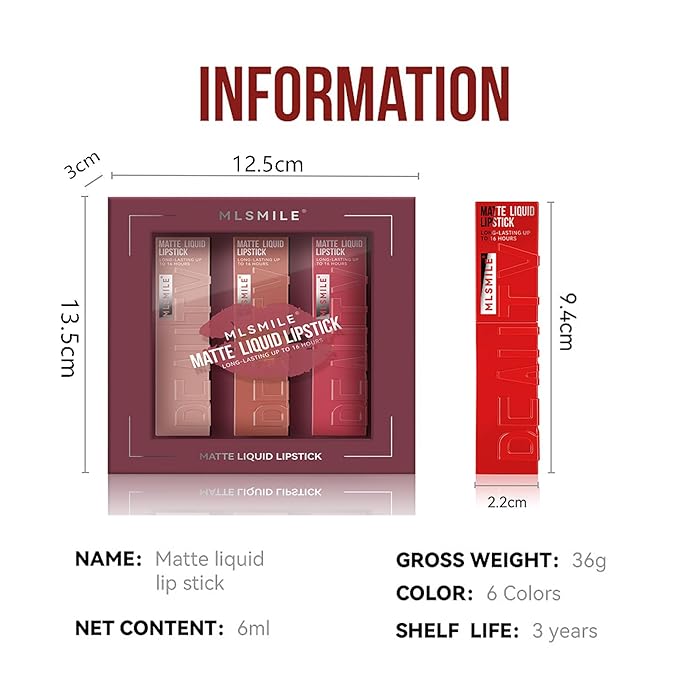 6 Colors Matte Liquid Lipstick Set, Velvet Smooth Gloss,