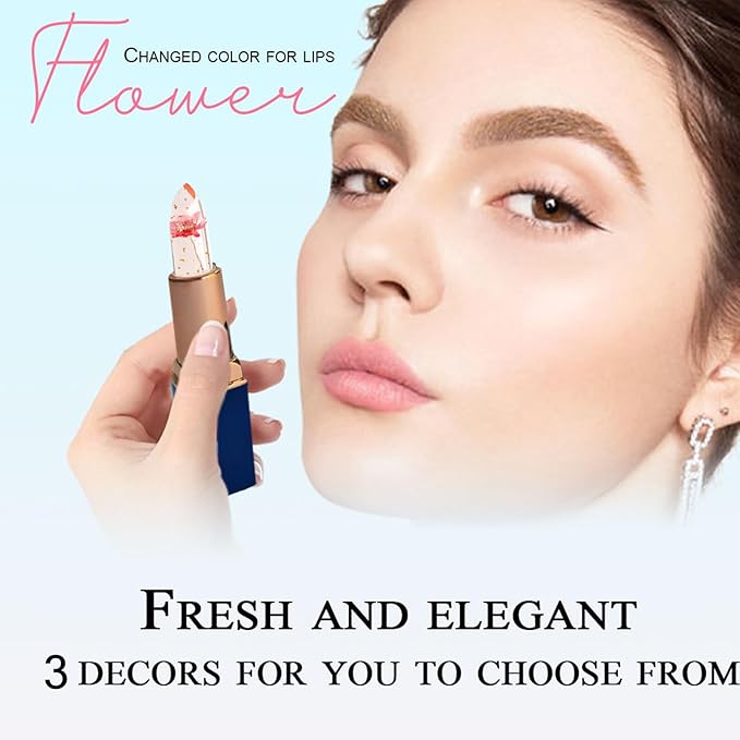3Pcs Clear Magic Color Jelly Lipstick,Crystal Jelly Flower Color Changing Moisturizing Lip Gloss, Crystal Aloe Vera Lip Balm,Long Lasting PH Clear Temperature Lip Stick