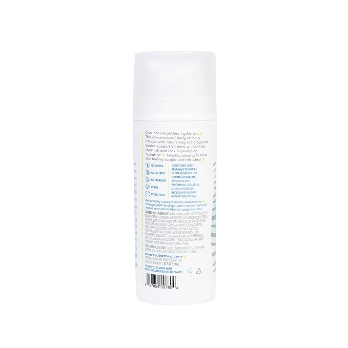 Seaweed Bath Co. Melt-In Water Lotion, Sea Salt Bergamot Scent, 4 Ounce, Sustainably Harvested Seaweed, Sea Grape, Beta-Glucan