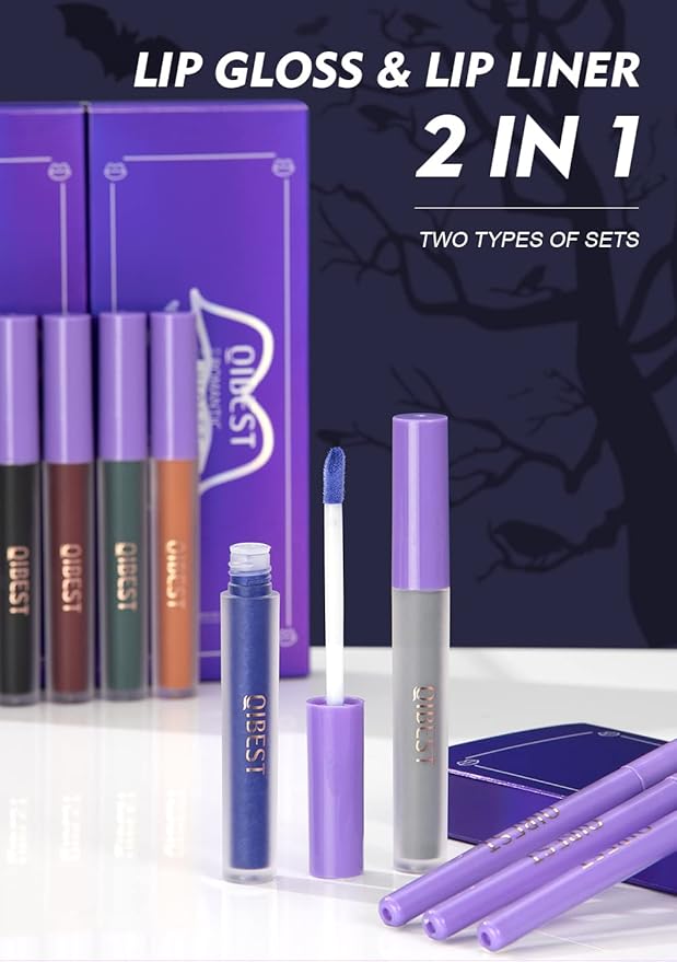 2 Pcs Halloween Dark Matte Liquid Lipstick + Lip Liner Pens Sets, 8 Colors High Pigmented Goth Sexy & Bold Lip Gloss, 24H Waterproof Long-lasting Matte Lipstick , Non-Stick Cup Velvety Lip Makeup for Women (Blue)