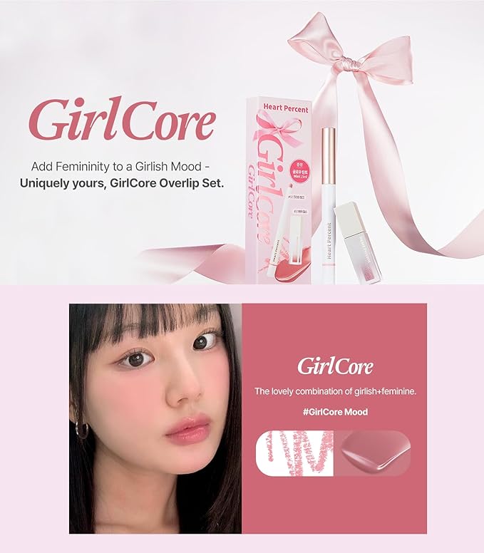 Heart Percent Dote On Mood Overlip Pencil & Stain Duo Set, Long-Lasting Creamy Lip Crayon & Pure Glow Tint Dewy Moisturizing Liquid Lipstick, #GirlCore Overlip Set