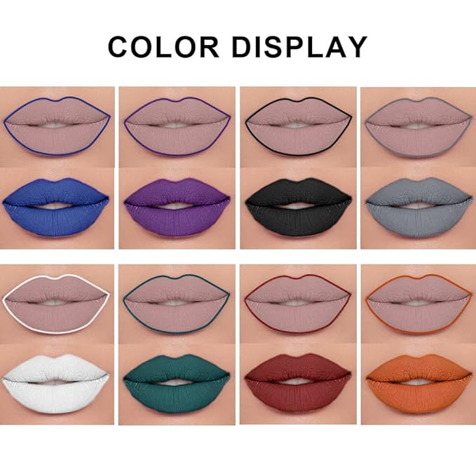 2 Pcs Halloween Dark Matte Liquid Lipstick + Lip Liner Pens Sets, 8 Colors High Pigmented Goth Sexy & Bold Lip Gloss, 24H Waterproof Long-lasting Matte Lipstick , Non-Stick Cup Velvety Lip Makeup for Women (01 Black)