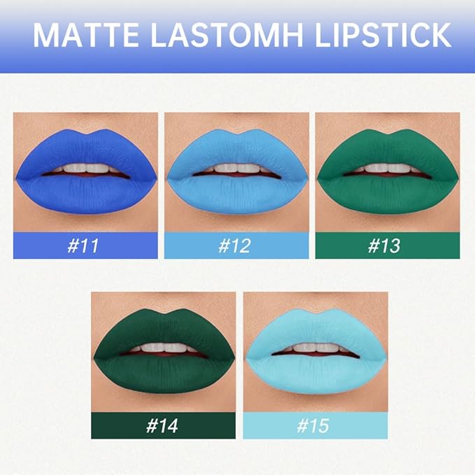 evpct 5Pcs Dark Light SKy Blue Emerald Green Matte Liquid Lipstick Lip Stain Sets for Women Matte+Lipstick Long Lasting 24 hr Hours Magic Lipstick 24 Hours original Waterproof Set03