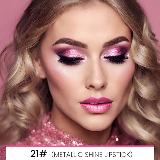 evpct 1Pcs Rose Pink Metallic Shine Shimmer Lip