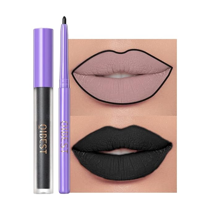 2 Pcs Halloween Dark Matte Liquid Lipstick + Lip Liner Pens Sets, 8 Colors High Pigmented Goth Sexy & Bold Lip Gloss, 24H Waterproof Long-lasting Matte Lipstick , Non-Stick Cup Velvety Lip Makeup for Women (01 Black)