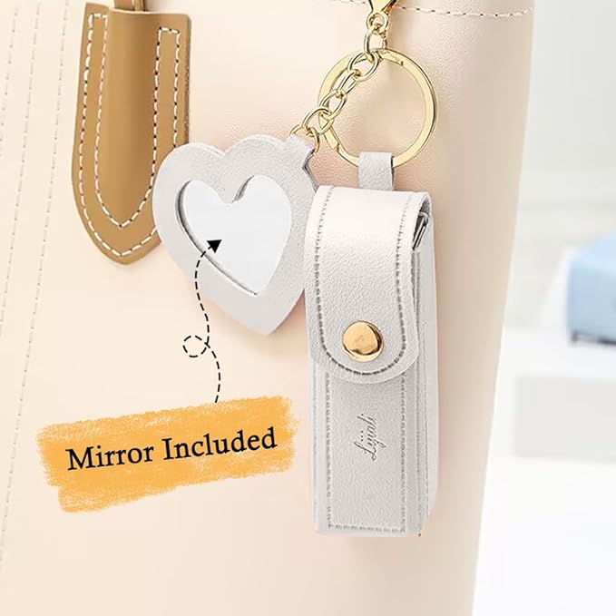 2 pcs Lipstick Cases Keychain Chapstick Case Holder Lip Balm Sleeves Pouch with Mirror Heart Shaped, Portable Leather Lip Gloss Mini Bags Stocking Stuffers (black+white)