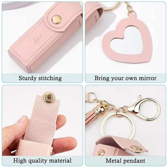 2 pcs Lipstick Cases Keychain Chapstick Case Holder Lip Balm Sleeves Pouch with Mirror Heart Shaped, Portable Leather Lip Gloss Mini Bags Stocking Stuffers (pink+turquoise)
