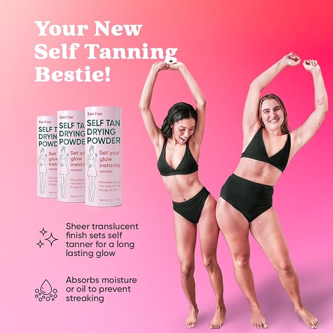 Self Tan Drying Powder Kit - Stops Sticky Feeling - Sets Sunless Tanner - 100% Vegan Talc-Free Translucent Natural Blend Setting w Brush + Pouch For Smooth Silky Skin - USA Made (Coconut 3oz)