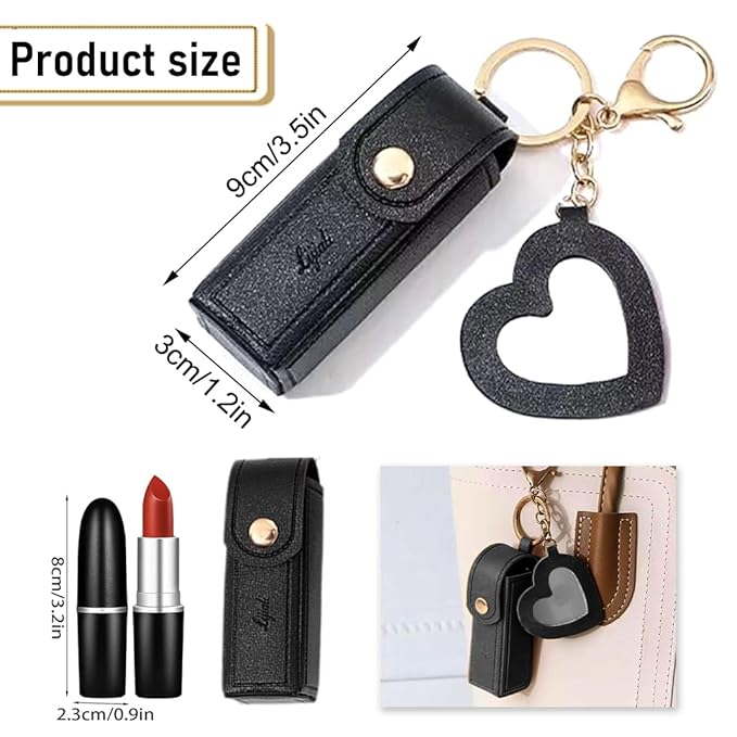 2 pcs Lipstick Cases Keychain Chapstick Case Holder Lip Balm Sleeves Pouch with Mirror Heart Shaped, Portable Leather Lip Gloss Mini Bags Stocking Stuffers (black+white)
