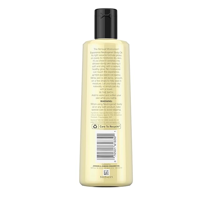 Neutrogena Body Oil Light Sesame Formula, 8.5 fl oz, Fragrance Free Radiant Glow Moisturizer for Dry Skin and Massage Oil with Sesame Oil, Bath & Shower Oil For Smooth and Hydrated Skin
