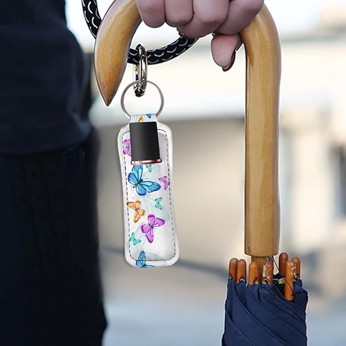 Bulopur White Blue Butterflies Lipstick Balm Holder Keychains