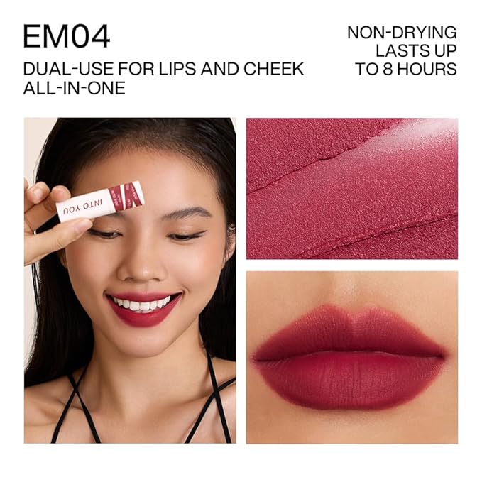 INTO YOU Matte Lipstick for Women, Matte Red Lipstick Long Lasting, Multi-Purpose for Lips and Cheek, Non-Stick Cup Not Fade Lip Stain Makeup Cosmetics Official Directly (EM04)