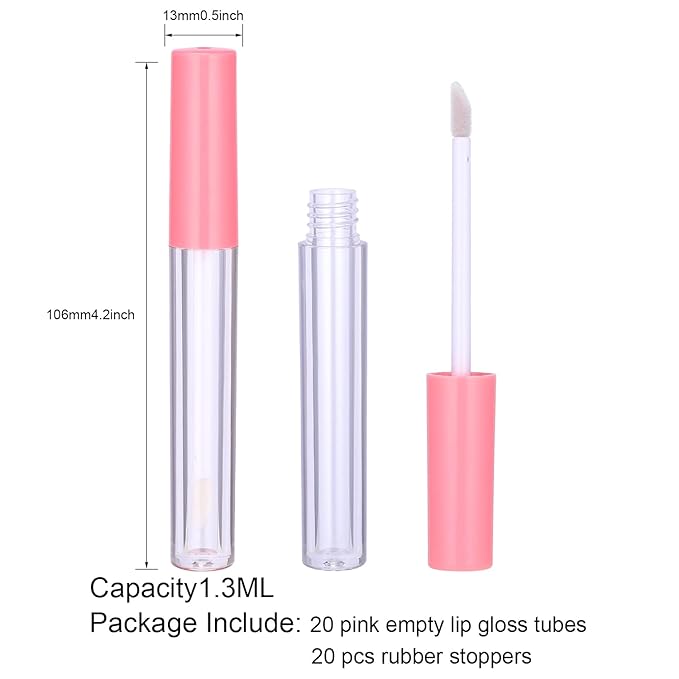 20Pcs Empty Lip Gloss Tubes Cute 1.3ml Pink Gloss