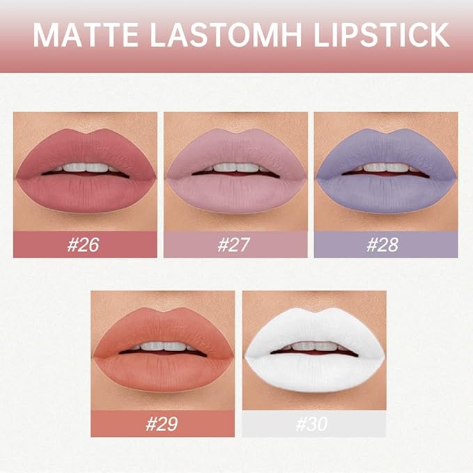 evpct 5Pcs Dusty Antique Rose Mauve Nude pink Grey Gray White Matte Liquid Lipstick Lip Stain Sets for Women Matte+Lipstick Long Lasting 24 hr Hours Magic Lipstick 24 Hours original Waterproof Set06