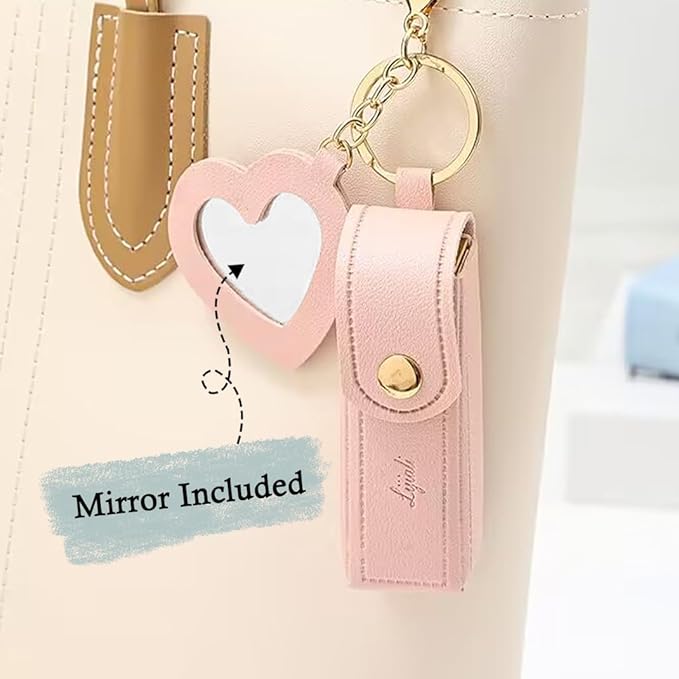 2 pcs Lipstick Cases Keychain Chapstick Case Holder Lip Balm Sleeves Pouch with Mirror Heart Shaped, Portable Leather Lip Gloss Mini Bags Stocking Stuffers (pink+turquoise)