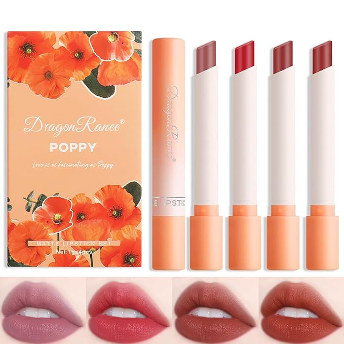4 Colors Tube Cigarette Lipstick Set, Mate Velvet Lipstick Moisturizer & Smooth, Red Lip Stain Long Lasting 24 Hours Waterproof Lip Tinet (Set C)