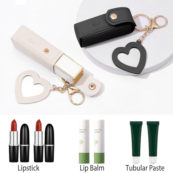 2 pcs Lipstick Cases Keychain Chapstick Case Holder Lip Balm Sleeves Pouch with Mirror Heart Shaped, Portable Leather Lip Gloss Mini Bags Stocking Stuffers (black+white)