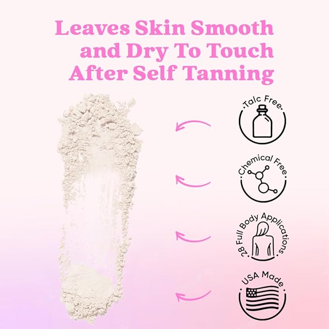 Self Tan Drying Powder Kit - Stops Sticky Feeling - Sets Sunless Tanner - 100% Vegan Talc-Free Translucent Natural Blend Setting w Brush + Pouch For Smooth Silky Skin - USA Made (Coconut 3oz)