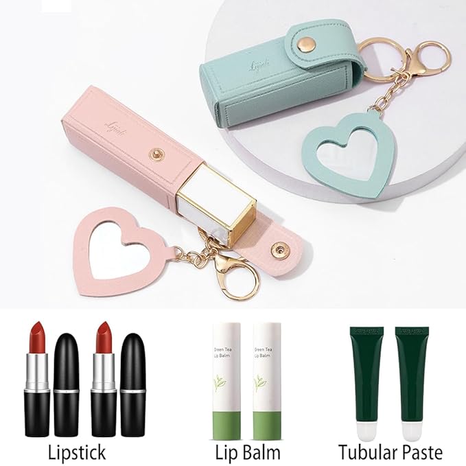 2 pcs Lipstick Cases Keychain Chapstick Case Holder Lip Balm Sleeves Pouch with Mirror Heart Shaped, Portable Leather Lip Gloss Mini Bags Stocking Stuffers (pink+turquoise)