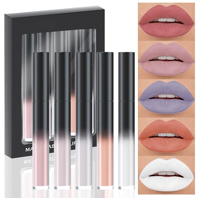 evpct 5Pcs Dusty Antique Rose Mauve Nude pink Grey Gray White Matte Liquid Lipstick Lip Stain Sets for Women Matte+Lipstick Long Lasting 24 hr Hours Magic Lipstick 24 Hours original Waterproof Set06