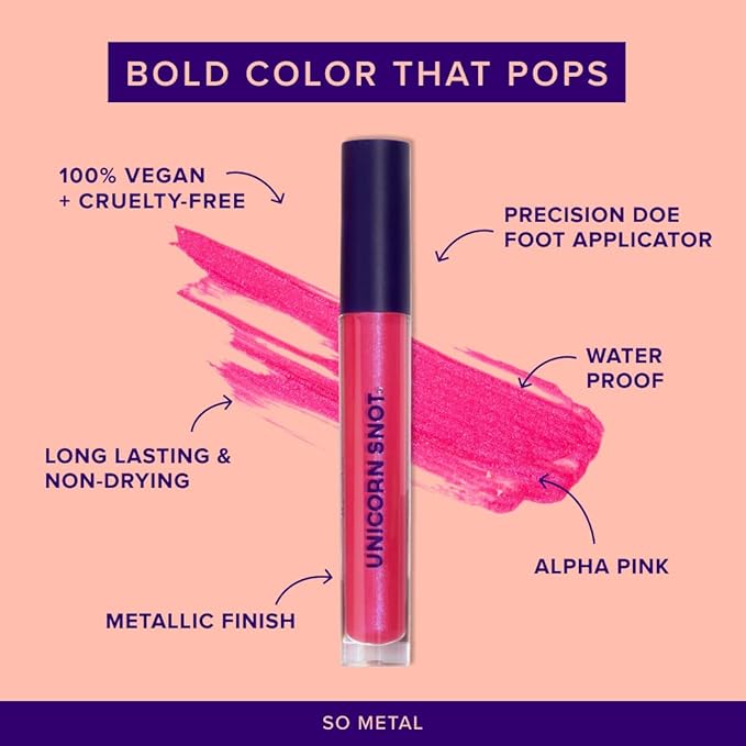 UNICORN SNOT Liquid Metal Lip Paint - Metallic Lip Gloss - Non-drying, Long-lasting Liquid Lipstick, Intense Pigment Lip Color with Metallic Shimmer - Vegan, Cruelty-Free Lip Makeup, Hot Pink (Glow)