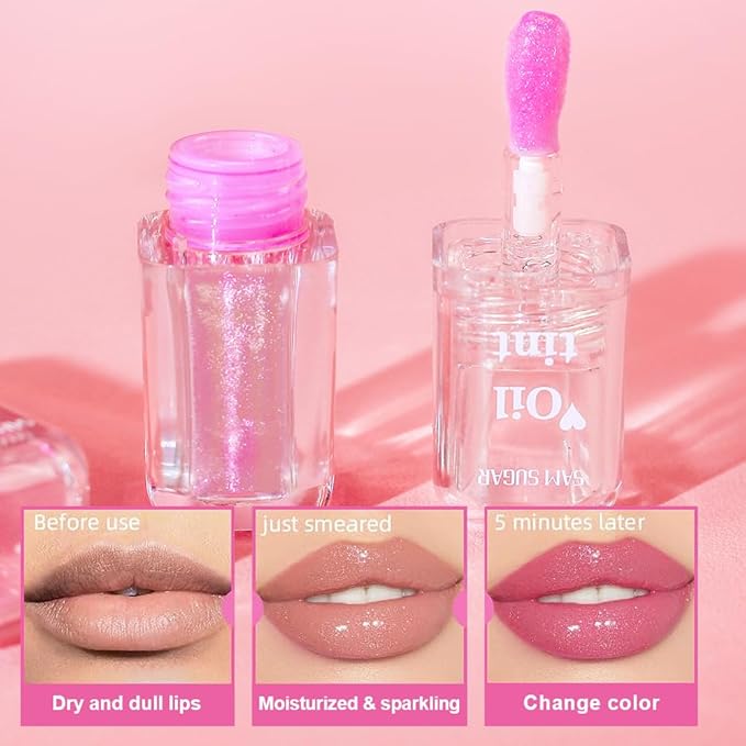 2 Pcs Magic Color Changing Lip Oil, Long Lasting Glitter Shimmer Lip Gloss with Big Brush, Non-sticky and Fresh Texture Lip Glow Oil, Moisturizing Lip Care Makeup (Glitter, 02# + 04#)