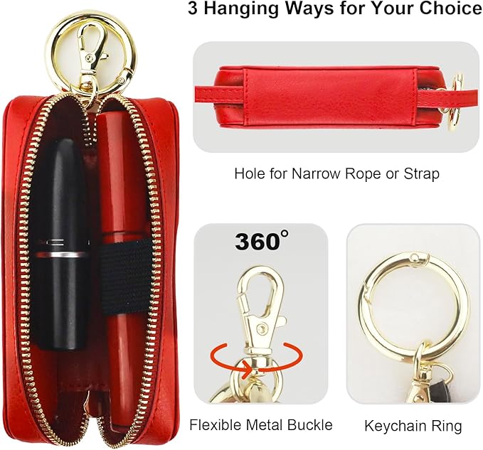Bocasal Leather Lipstick Case Holder Chapstick Keychain Pouch, Zipper Lip Balm Lip Gloss Bag for Purse with Key Chain Elastic Band, Makeup Travel Organizer, Cosmetic Storage Kit for Women Girls (Red)
