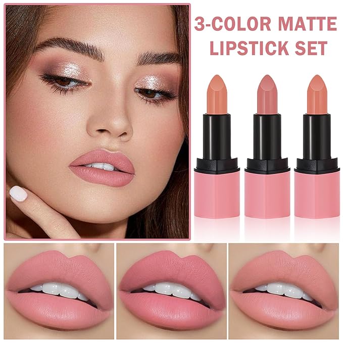 AWCCXMYM 3Pcs Matte Lipstick Nude Lip Stick Velvet Lip Stain Lightweight Long Lasting Waterproof Non-Stick Cup Not Fade Lip Gloss Set Makeup For Women