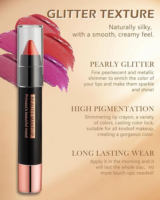 Metallic Diamond Glitter Matte Lipstick Crayon Pencil, Long Glitter