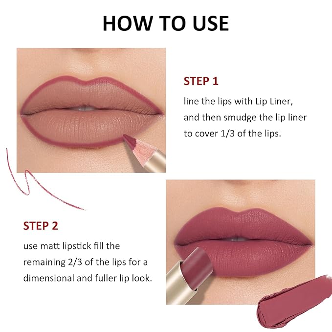 Boobeen 2 Pcs Lip Liner and Lipstick Set, Ultra-Long-Lasting