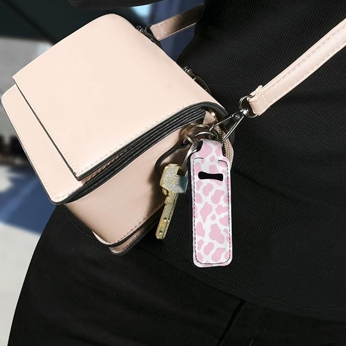 Horeset Pink Cow Spot Lipstick Holder Keychains Ring,