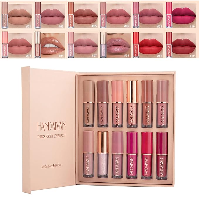 12Pcs Long-Lasting Matte Nude Lip Gloss Lipstick Lip Long-Lasting