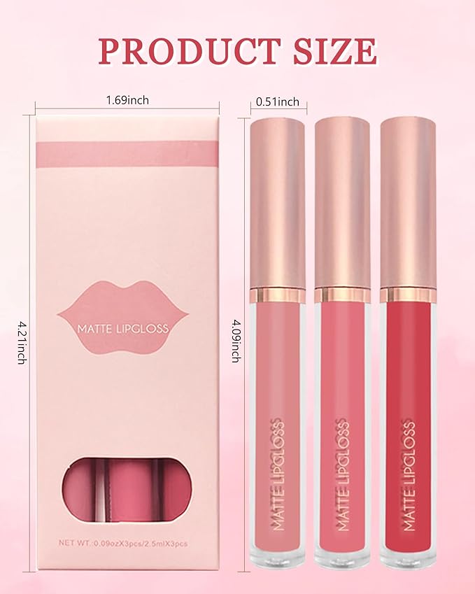 3Pcs Matte Liquid Lipstick Set, High Pigmented Lip High