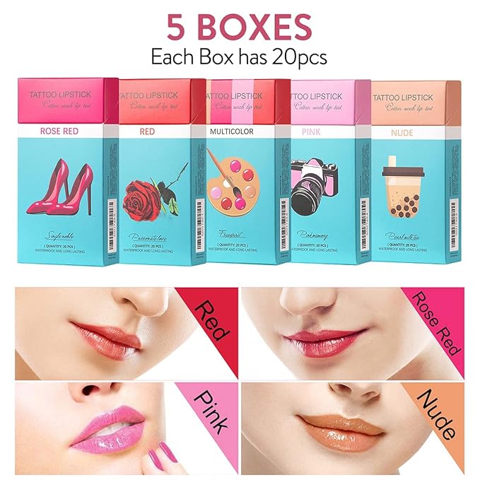 FLIPNEX 20Pcs Cotton Swab Tattoo Lipstick, Tattoo Lipstick Long