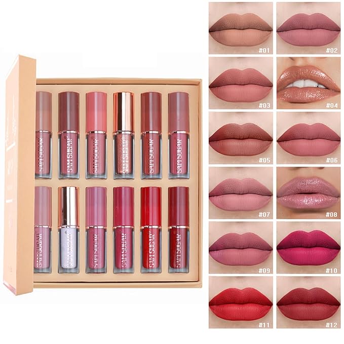 12 Colors Matte Liquid Lipstick Set, Shiny Smooth Soft Liquid Velvet Lipstick Set, Non-stick Cup, Not Fade, Waterproof, Long Lasting, Lip Gloss Set for Women Makeup Kit